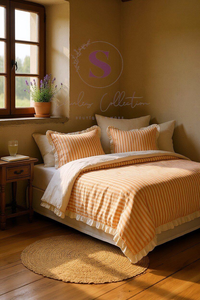 TURUNCU-BEJ % 100 Pamuk Fırfır İplik Boyalı Çift Kişilik Nevresim Takımı,Modern Çizgili nevresım Seti