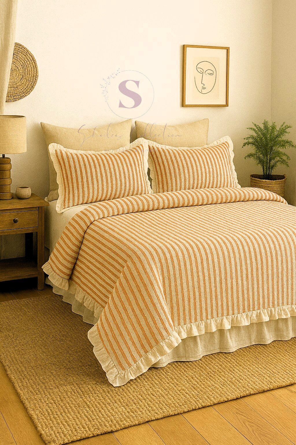 TURUNCU-BEJ % 100 Pamuk Fırfır İplik Boyalı Çift Kişilik Nevresim Takımı,Modern Çizgili nevresım Seti