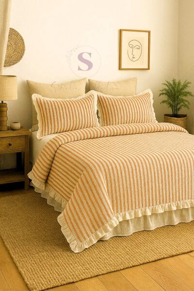 TURUNCU-BEJ % 100 Pamuk Fırfır İplik Boyalı Çift Kişilik Nevresim Takımı,Modern Çizgili nevresım Seti