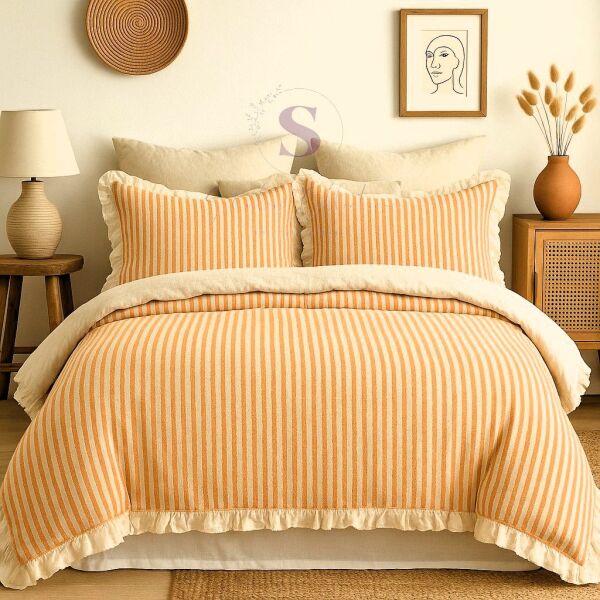 TURUNCU-BEJ % 100 Pamuk Fırfır İplik Boyalı Çift Kişilik Nevresim Takımı,Modern Çizgili nevresım Seti