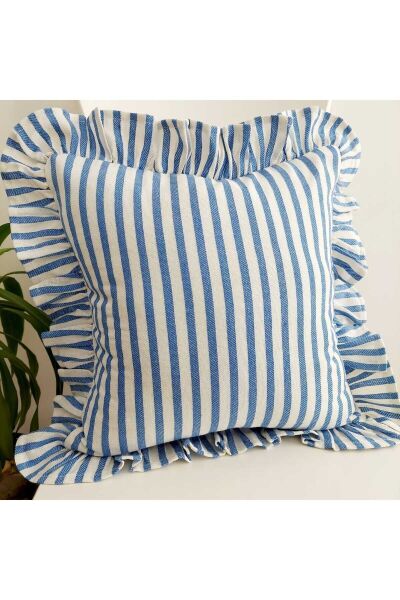 Bohem Fırfırlı Keten Çizgili Yastık Kılıfı 45 x 45 - mavi