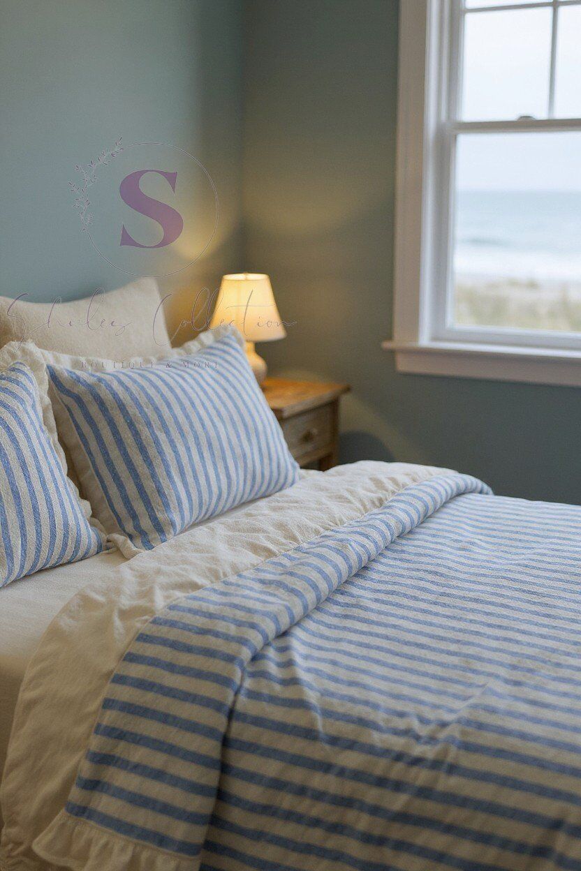 MAVİ-BEJ % 100 Pamuk Fırfır İplik Boyalı Çift Kişilik Nevresim Takımı,Modern Çizgili nevresım Seti