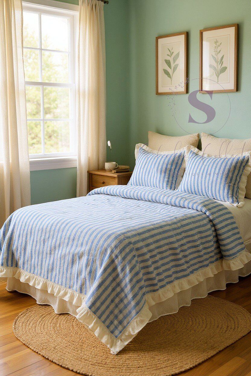 MAVİ-BEJ % 100 Pamuk Fırfır İplik Boyalı Çift Kişilik Nevresim Takımı,Modern Çizgili nevresım Seti