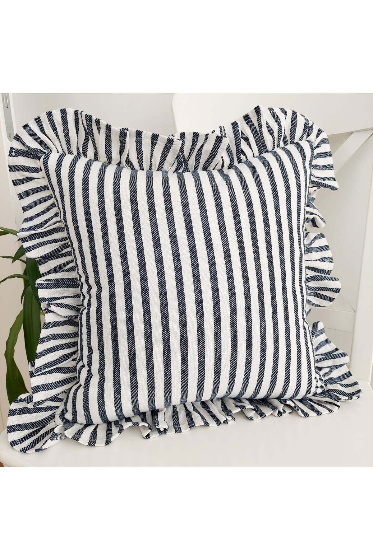 Bohem Fırfırlı Keten Çizgili Yastık Kılıfı 45 x 45 - SİYAH