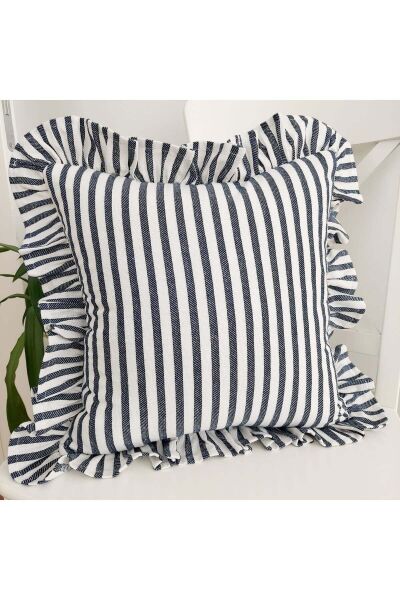 Bohem Fırfırlı Keten Çizgili Yastık Kılıfı 45 x 45 - SİYAH