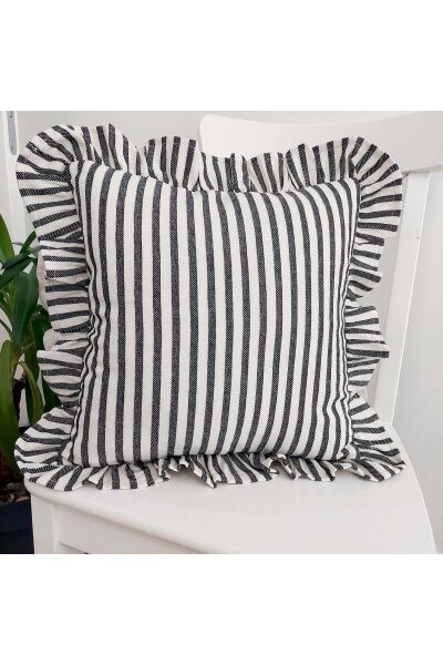 Bohem Fırfırlı Keten Çizgili Yastık Kılıfı 45 x 45 - SİYAH
