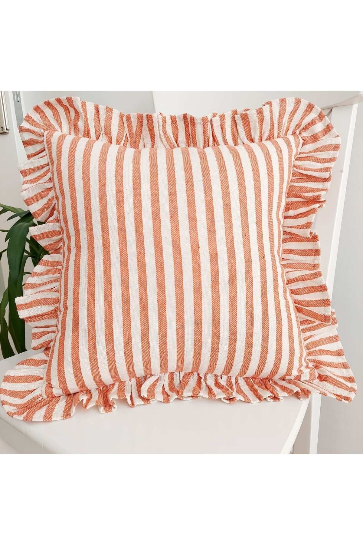 Bohem Fırfırlı Keten Çizgili Yastık Kılıfı 45 x 45 - Turuncu