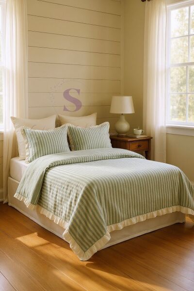 YEŞİL-BEJ % 100 Pamuk Fırfır İplik Boyalı Çift Kişilik Nevresim Takımı,Modern Çizgili nevresım Seti