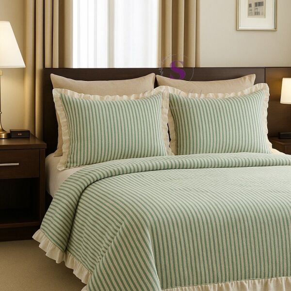 YEŞİL-BEJ % 100 Pamuk Fırfır İplik Boyalı Çift Kişilik Nevresim Takımı,Modern Çizgili nevresım Seti