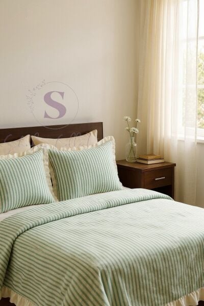 YEŞİL-BEJ % 100 Pamuk Fırfır İplik Boyalı Çift Kişilik Nevresim Takımı,Modern Çizgili nevresım Seti