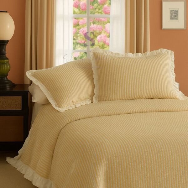 SARI-BEJ % 100 Pamuk Fırfır İplik Boyalı Çift Kişilik Nevresim Takımı,Modern Çizgili nevresım Seti