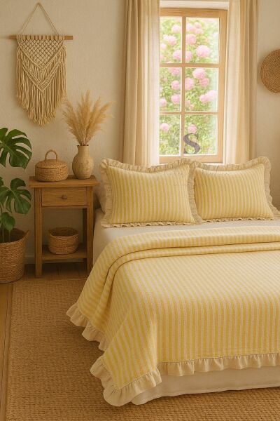 SARI-BEJ % 100 Pamuk Fırfır İplik Boyalı Çift Kişilik Nevresim Takımı,Modern Çizgili nevresım Seti