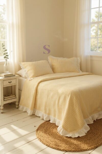 SARI-BEJ % 100 Pamuk Fırfır İplik Boyalı Çift Kişilik Nevresim Takımı,Modern Çizgili nevresım Seti