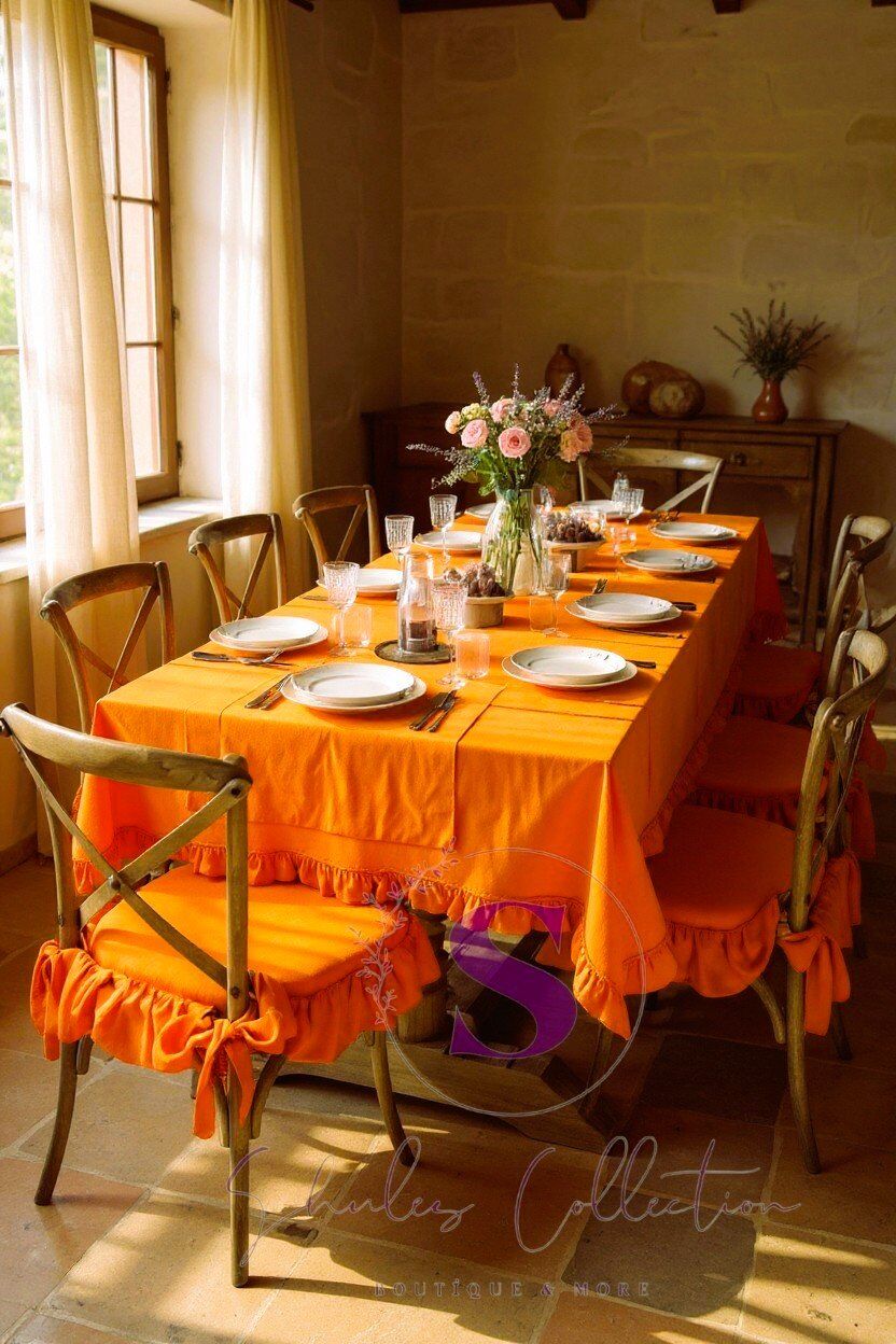 Buldan Keteni Fırfırlı Vintage ORANJE Masa Örtüsü