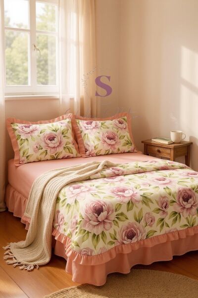 ROMANTİK % 100 Pamuk Fırfırlı İplik Boyalı Çift Kişilik Nevresim Takımı,Modern Çizgili nevresım Seti