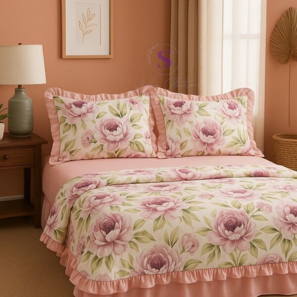 ROMANTİK % 100 Pamuk Fırfırlı İplik Boyalı Çift Kişilik Nevresim Takımı,Modern Çizgili nevresım Seti