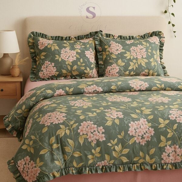 BAHAR çiçekli  Fırfırlı % 100 Pamuk Çift Kişilik Nevresim Takımı