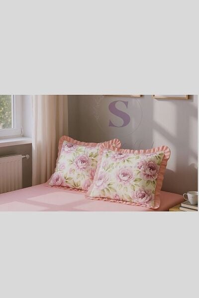 ROMANTİK çiçekli % 100 Pamuk Dört tarafı Fırfırlı yastık kılıfı 2 ADET