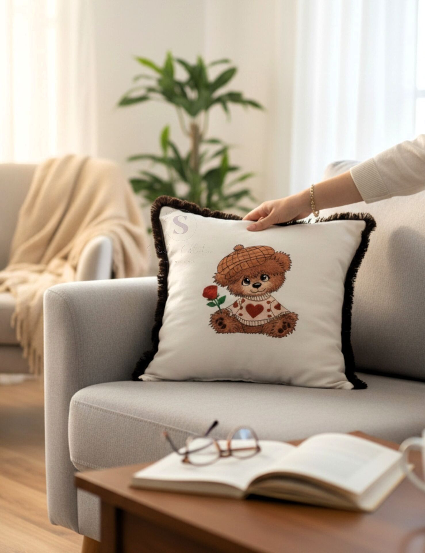 AYICIK NAKIŞLI PÜSKÜLLÜ DUCK KUMAŞ SİYAH PÜSKÜLLÜ YASTIK KILIFI (43 x 43) 1 Adet İÇİ DOLGULU