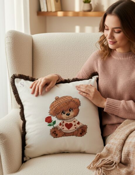 AYICIK NAKIŞLI PÜSKÜLLÜ DUCK KUMAŞ SİYAH PÜSKÜLLÜ YASTIK KILIFI (43 x 43) 1 Adet İÇİ DOLGULU