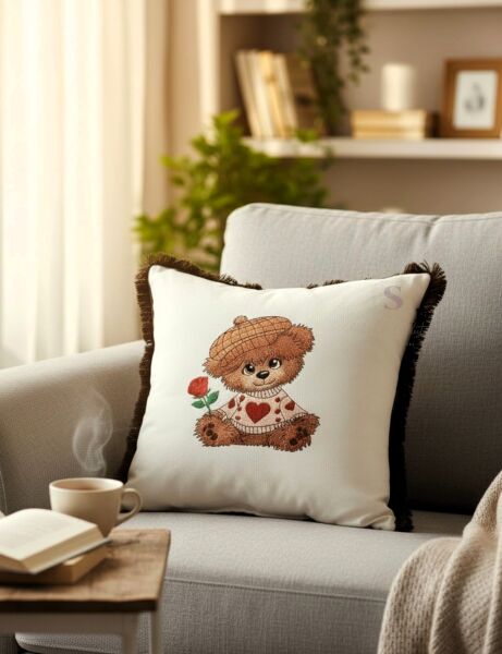 AYICIK NAKIŞLI PÜSKÜLLÜ DUCK KUMAŞ SİYAH PÜSKÜLLÜ YASTIK KILIFI (43 x 43) 1 Adet İÇİ DOLGULU