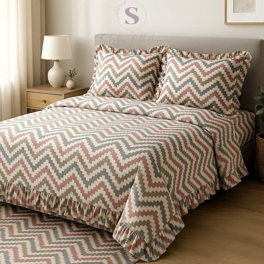 CHEVRON DESENLİ  Fırfırlı % 100 Pamuk Çift Kişilik Nevresim Takımı