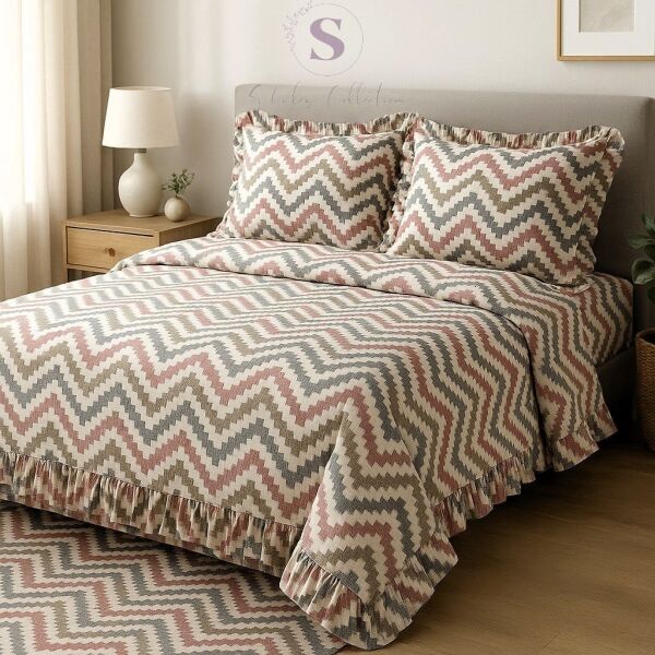 CHEVRON DESENLİ  Fırfırlı % 100 Pamuk Çift Kişilik Nevresim Takımı