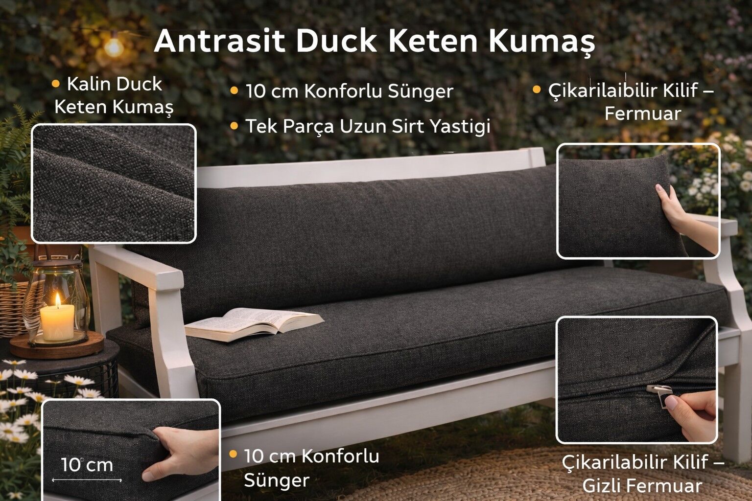 El Yapımı antrasit Duck Keten Bank Minderi 120x50x10 cm – Uzun Sırt Yastıklı, Fermuarlı, Kalın Sünger