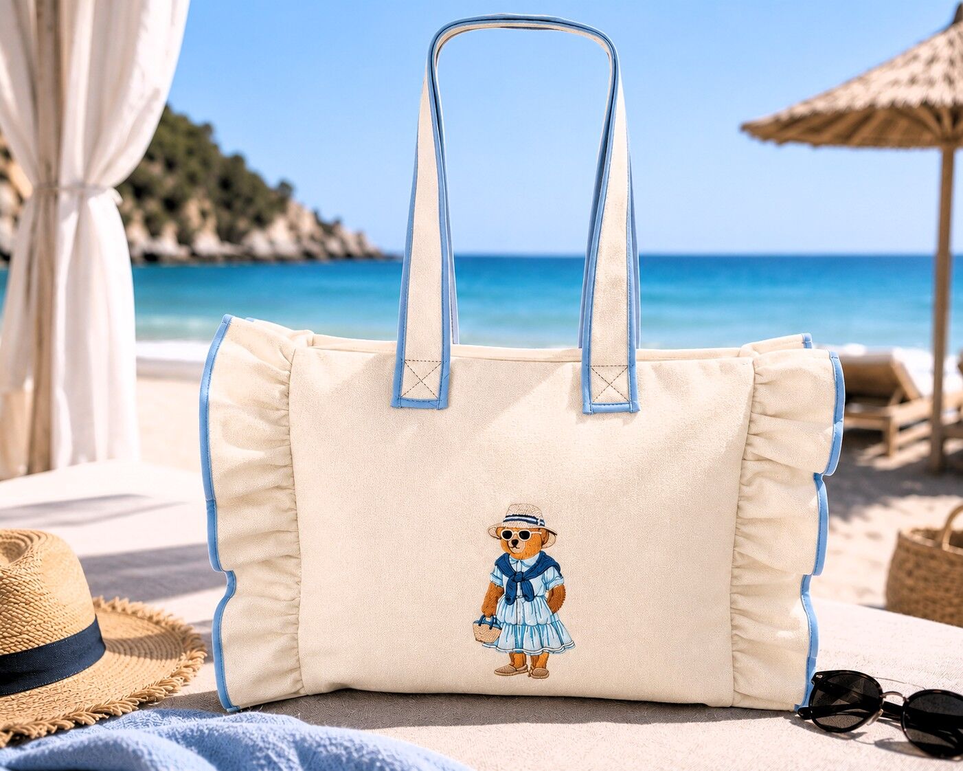 Teddy Serisi Naturel Kanvas Büyük Plaj Çantası mavi