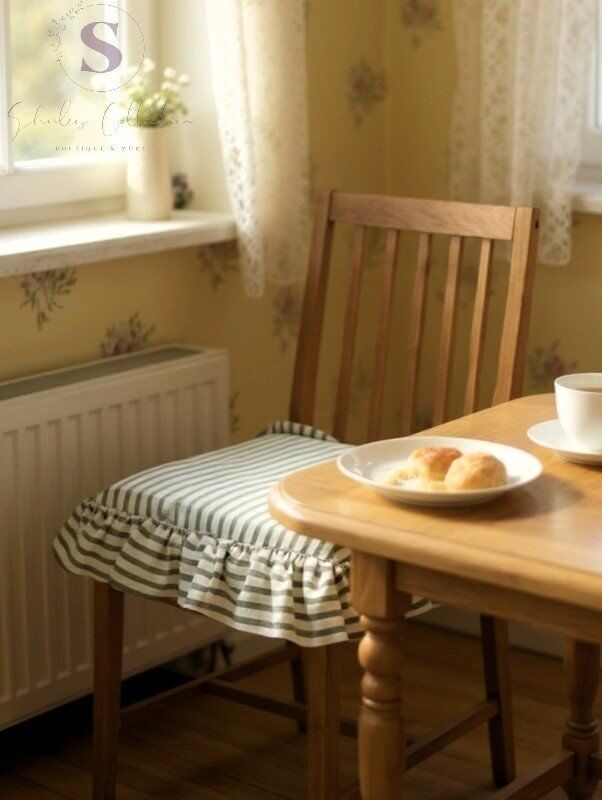 YEŞİL ÇİZGİLİ BULDAN YIKANMIS KETEN 4 TARAFI FIRFIRLI SANDALYE MİNDERİ