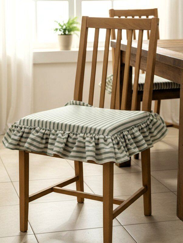 YEŞİL ÇİZGİLİ BULDAN YIKANMIS KETEN 4 TARAFI FIRFIRLI SANDALYE MİNDERİ