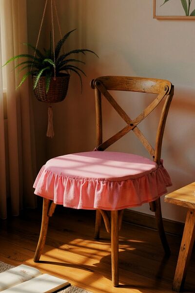 EL YAPIMI YUVARLAK BULDAN YIKANMIS KETEN FIRFIRLI SANDALYE MİNDERİ(PEMBE)