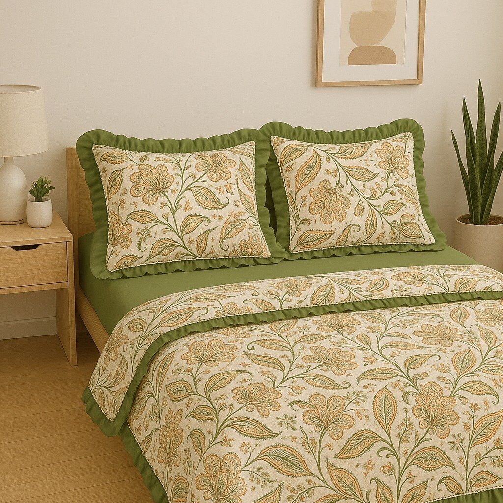 ŞAKAYIK ÇİÇEKLİ  Fırfırlı % 100 Pamuk Çift Kişilik Nevresim Takımı