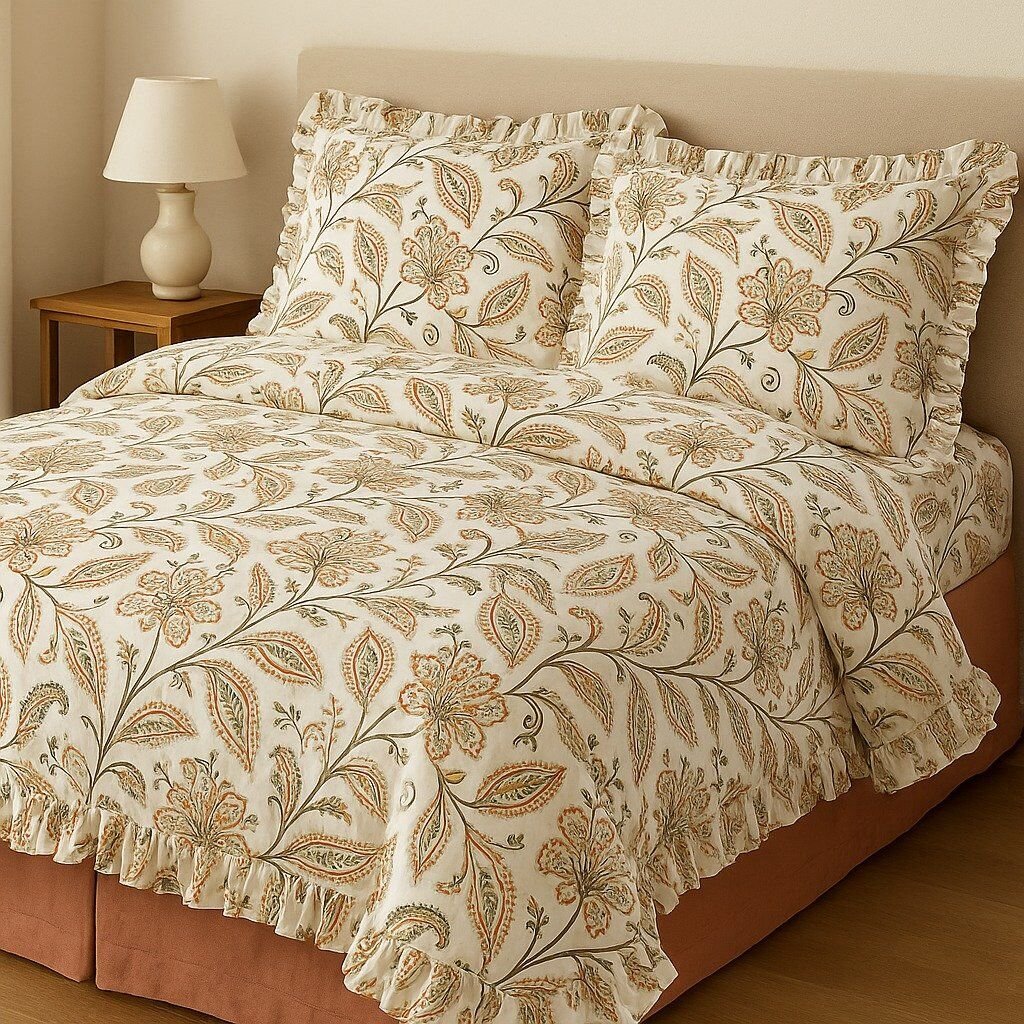 ŞAKAYIK ÇİÇEKLİ  Fırfırlı % 100 Pamuk Çift Kişilik Nevresim Takımı