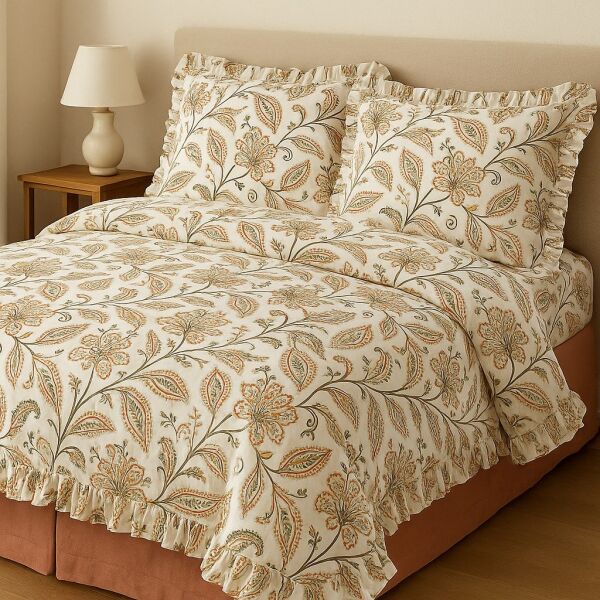 ŞAKAYIK ÇİÇEKLİ  Fırfırlı % 100 Pamuk Çift Kişilik Nevresim Takımı