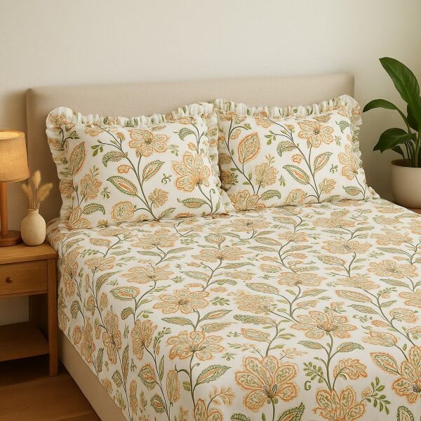 ŞAKAYIK ÇİÇEKLİ  Fırfırlı % 100 Pamuk Çift Kişilik Nevresim Takımı