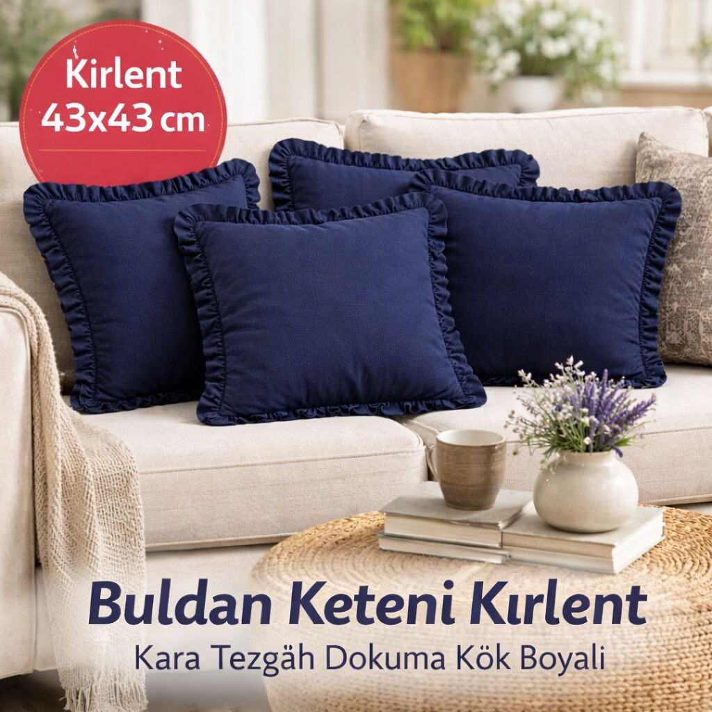 LACİVERT Buldan Keteni Kırlent Seti – El Dokuması (4 Adet Set)