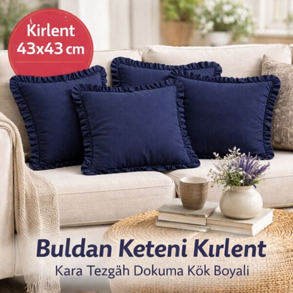 LACİVERT Buldan Keteni Kırlent Seti – El Dokuması (4 Adet Set)