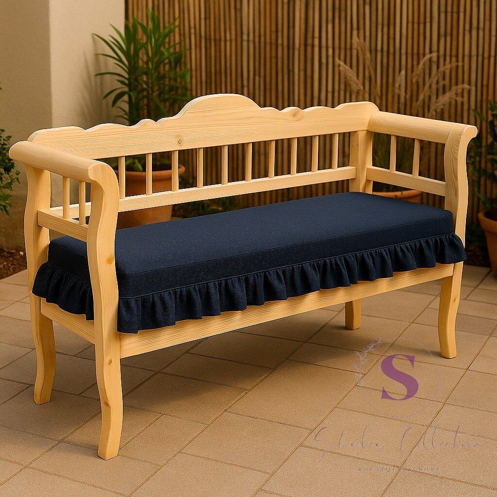 EL YAPIMI BULDAN YIKANMIS KETEN 4 TARAFI FIRFIRLI LACİVERT KETEN BANK MİNDERİ 110x50x5cm