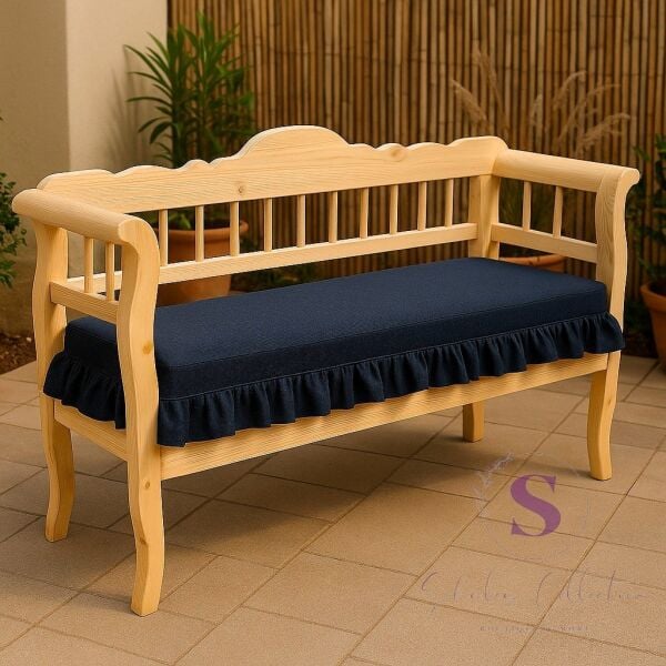 EL YAPIMI BULDAN YIKANMIS KETEN 4 TARAFI FIRFIRLI LACİVERT KETEN BANK MİNDERİ 110x50x5cm