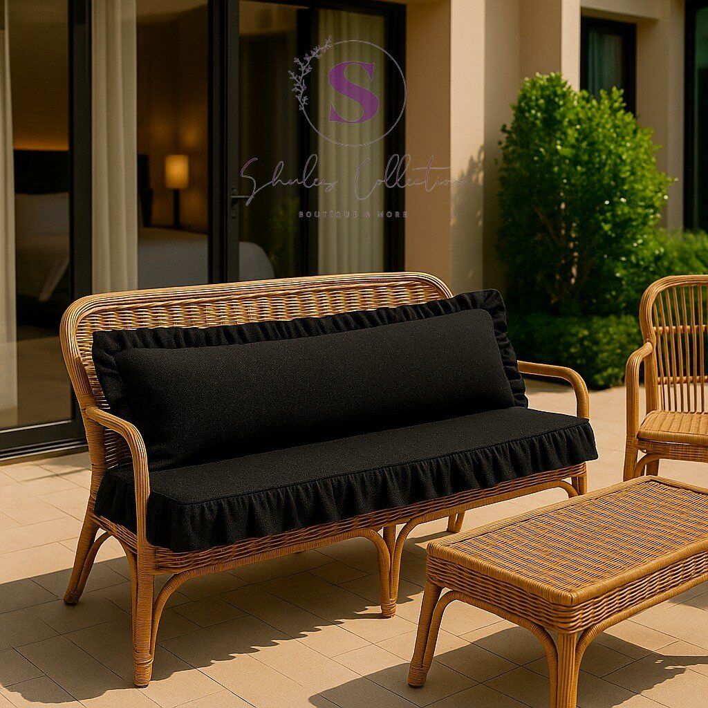 EL YAPIMI BULDAN YIKANMIS KETEN 4 TARAFI FIRFIRLI SİYAH KETEN BANK MİNDERİ 110x50x5cm