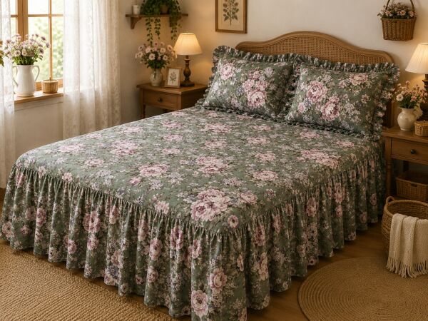 Vintage Yeşil gül Fırfırlı Etekli Lastikli Çarşaf Takımı 100 x 200