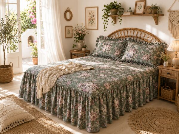 Vintage Yeşil gül Fırfırlı Etekli Lastikli Çarşaf Takımı 160 x 200