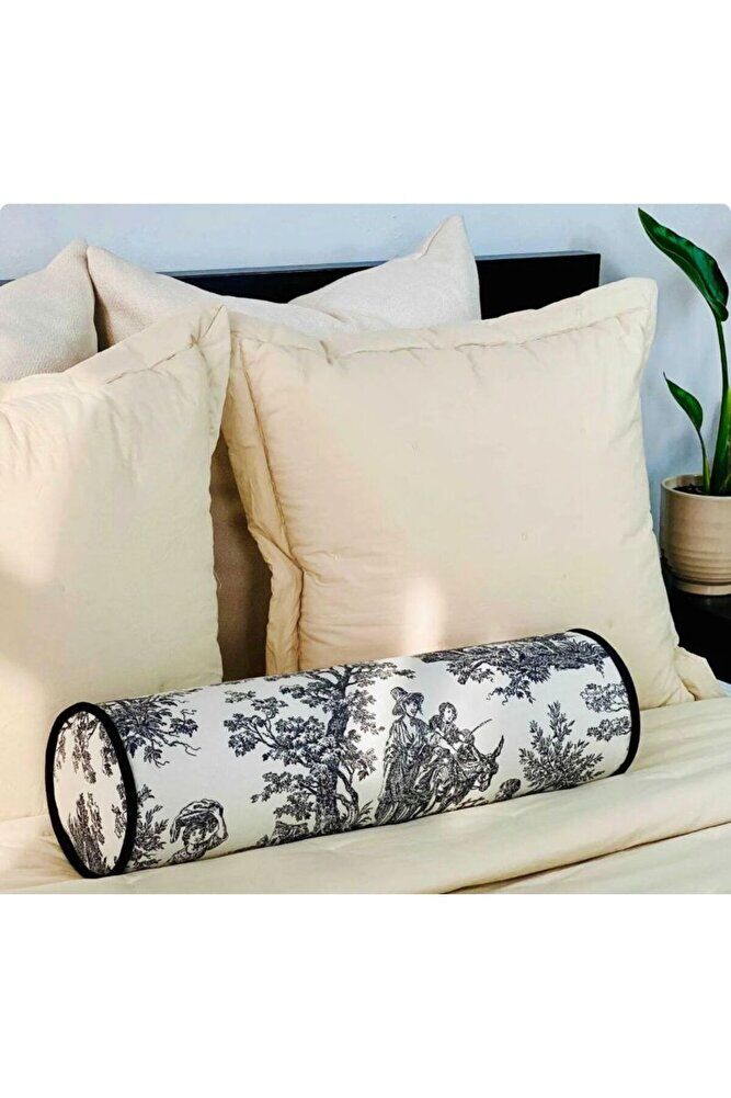 SİYAH FRANSIZ KÖYLÜSÜ KETEN BOLSTER YASTIK. SİLİNDİR RULO İC DOLGULU FERMUARLI YASTIK