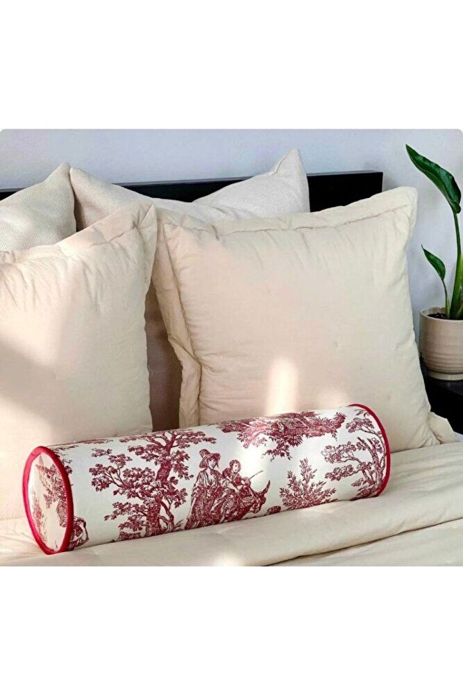BORDO FRANSIZ KÖYLÜSÜ KETEN BOLSTER YASTIK. SİLİNDİR RULO İC DOLGULU FERMUARLI YASTIK