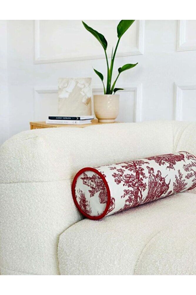 BORDO FRANSIZ KÖYLÜSÜ KETEN BOLSTER YASTIK. SİLİNDİR RULO İC DOLGULU FERMUARLI YASTIK