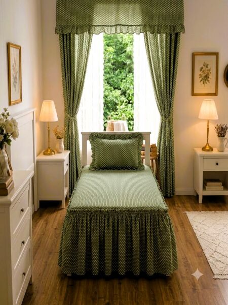 Vintage YEŞİL BEYAZ PUANTIYELI Fırfırlı Etekli Lastikli Çarşaf Takımı 100 x 200