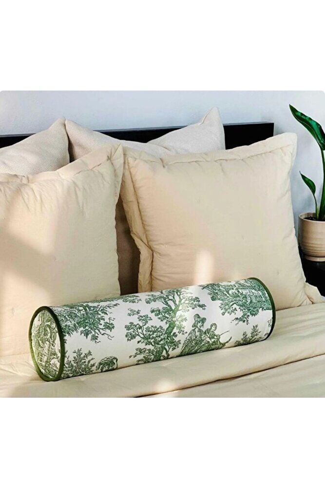 YEŞİL FRANSIZ KÖYLÜSÜ KETEN BOLSTER YASTIK. SİLİNDİR RULO İC DOLGULU FERMUARLI YASTIK
