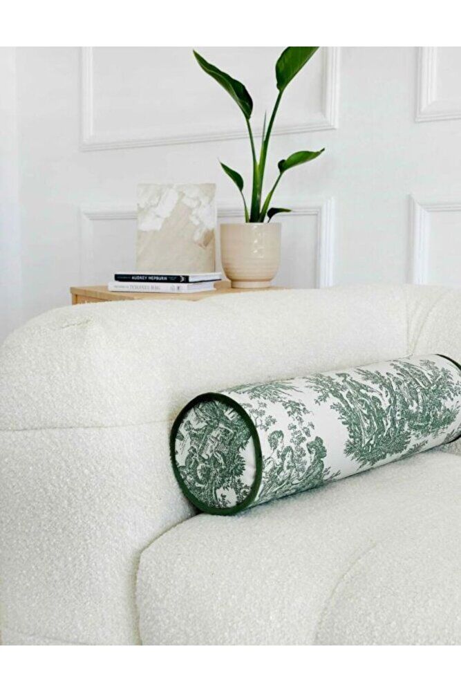 YEŞİL FRANSIZ KÖYLÜSÜ KETEN BOLSTER YASTIK. SİLİNDİR RULO İC DOLGULU FERMUARLI YASTIK