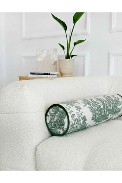 YEŞİL FRANSIZ KÖYLÜSÜ KETEN BOLSTER YASTIK. SİLİNDİR RULO İC DOLGULU FERMUARLI YASTIK